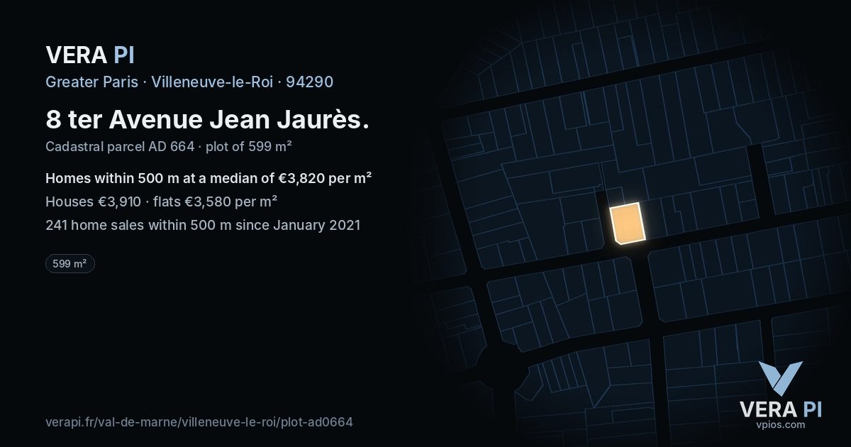 8 ter Avenue Jean Jaurès, Villeneuve-le-Roi at night – the plot lit, the parcels around coloured by the prices near them