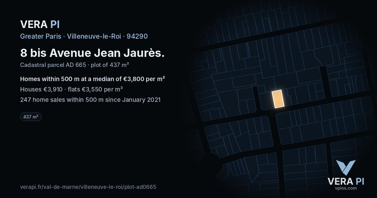 8 bis Avenue Jean Jaurès, Villeneuve-le-Roi at night – the plot lit, the parcels around coloured by the prices near them