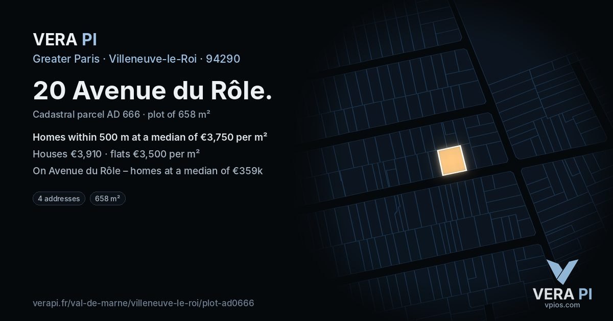 20 Avenue du Rôle, Villeneuve-le-Roi at night – the plot lit, the parcels around coloured by the prices near them