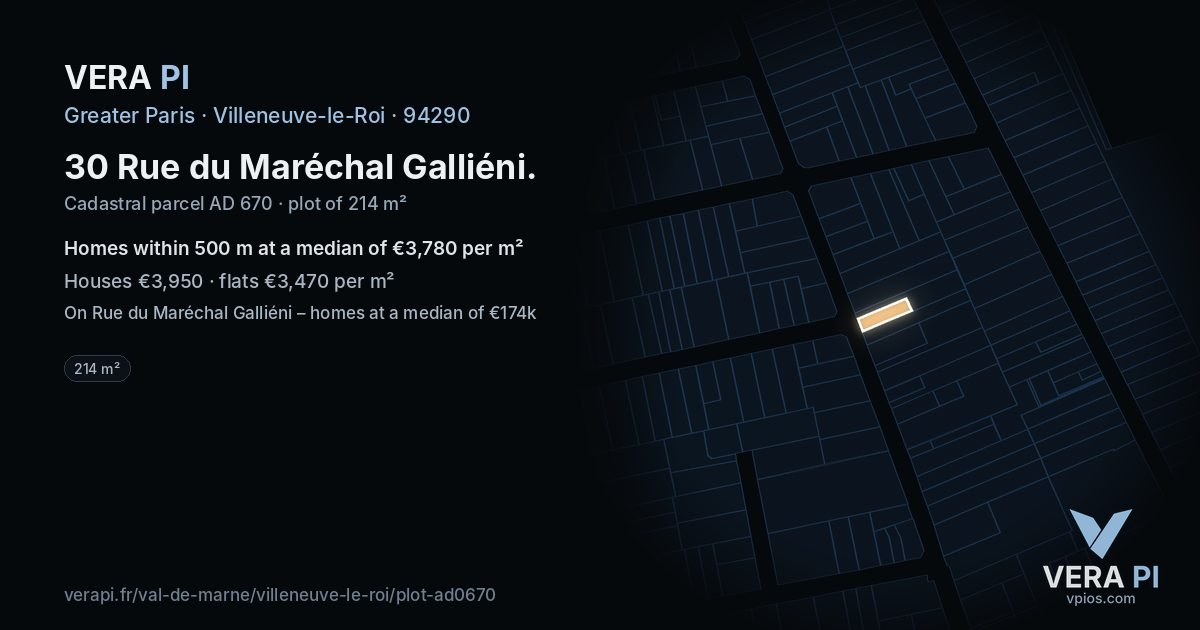 30 Rue du Maréchal Galliéni, Villeneuve-le-Roi at night – the plot lit, the parcels around coloured by the prices near them