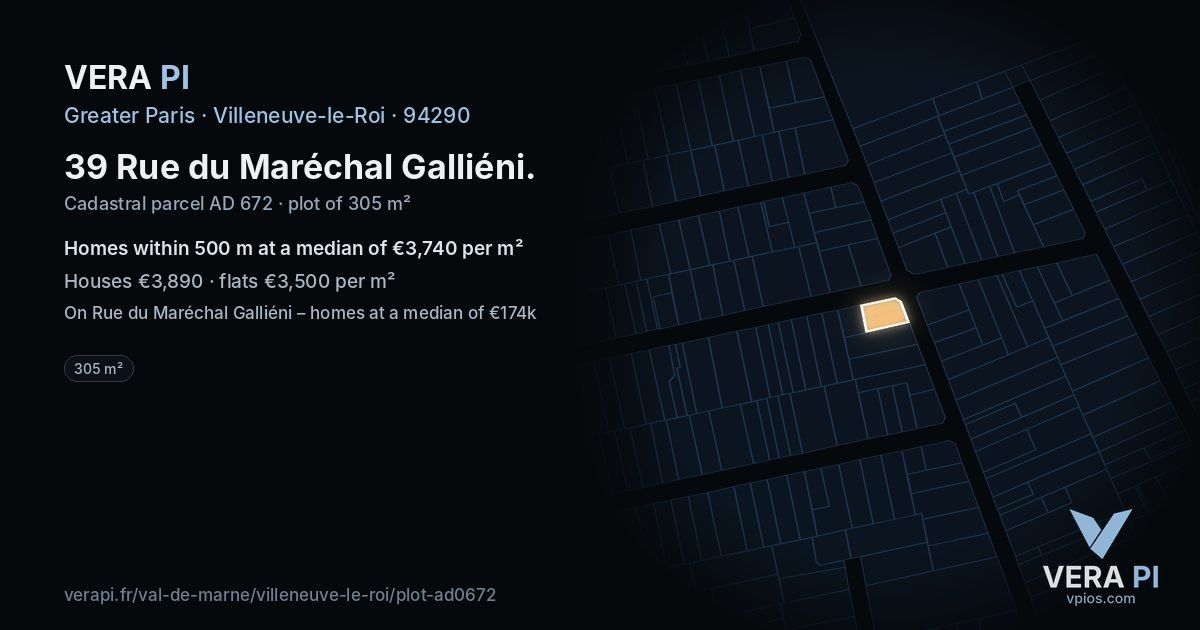 39 Rue du Maréchal Galliéni, Villeneuve-le-Roi at night – the plot lit, the parcels around coloured by the prices near them
