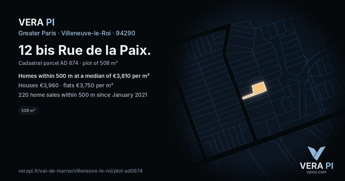 12 bis Rue de la Paix, Villeneuve-le-Roi at night – the plot lit, the parcels around coloured by the prices near them