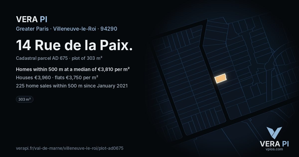 14 Rue de la Paix, Villeneuve-le-Roi at night – the plot lit, the parcels around coloured by the prices near them