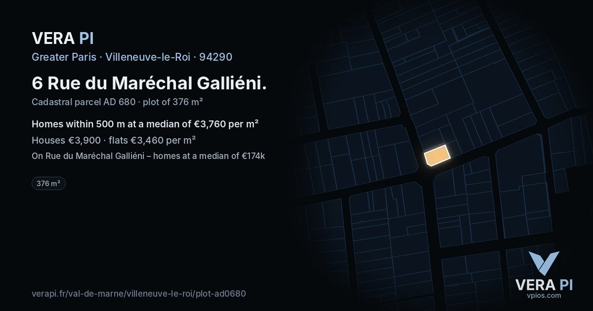 6 Rue du Maréchal Galliéni, Villeneuve-le-Roi at night – the plot lit, the parcels around coloured by the prices near them