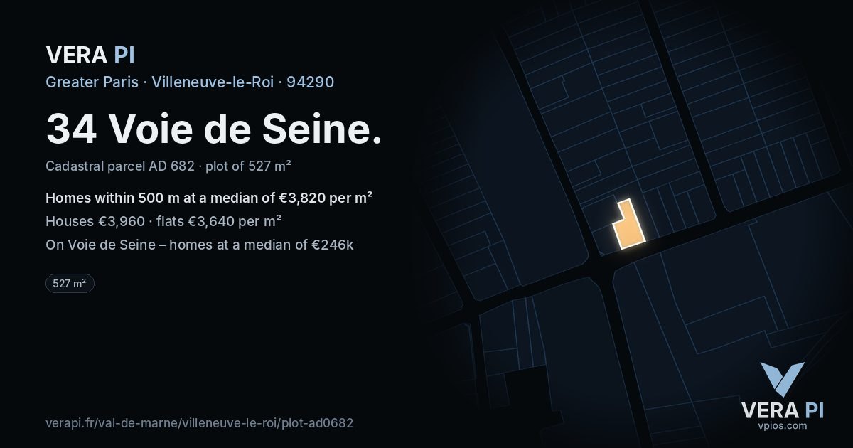 34 Voie de Seine, Villeneuve-le-Roi at night – the plot lit, the parcels around coloured by the prices near them
