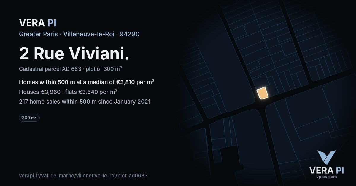 2 Rue Viviani, Villeneuve-le-Roi at night – the plot lit, the parcels around coloured by the prices near them