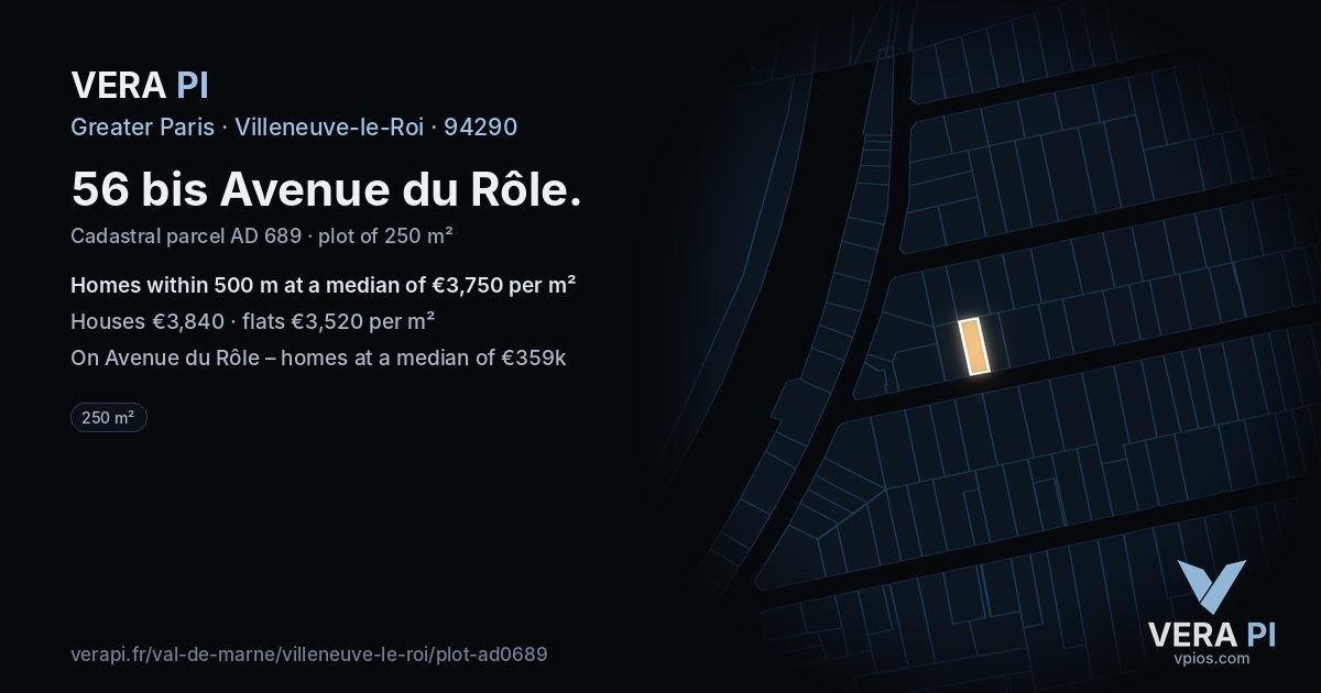 56 bis Avenue du Rôle, Villeneuve-le-Roi at night – the plot lit, the parcels around coloured by the prices near them