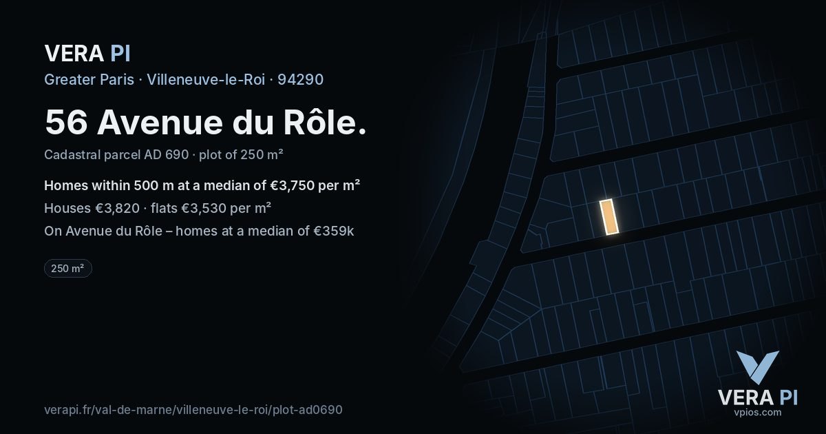 56 Avenue du Rôle, Villeneuve-le-Roi at night – the plot lit, the parcels around coloured by the prices near them