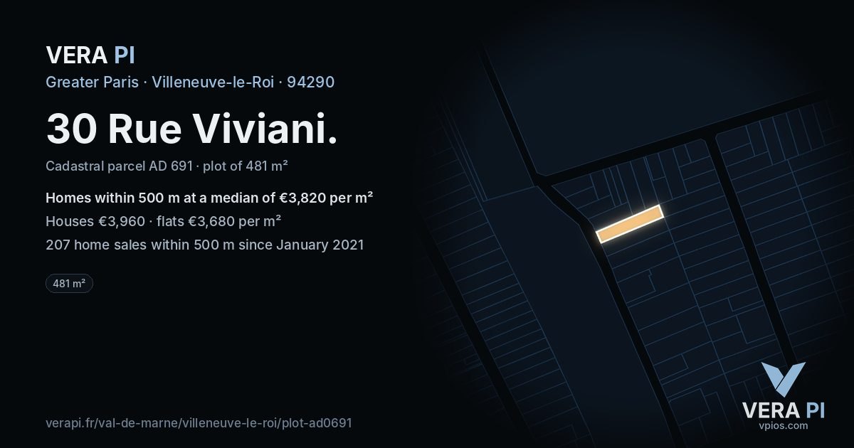 30 Rue Viviani, Villeneuve-le-Roi at night – the plot lit, the parcels around coloured by the prices near them