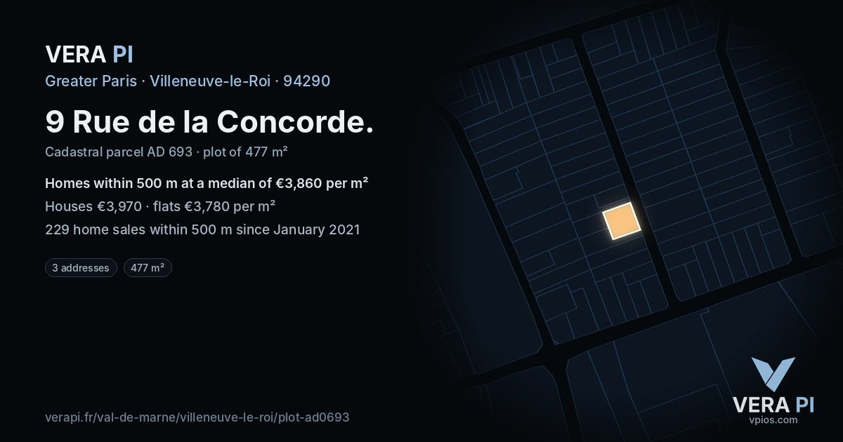 9 Rue de la Concorde, Villeneuve-le-Roi at night – the plot lit, the parcels around coloured by the prices near them