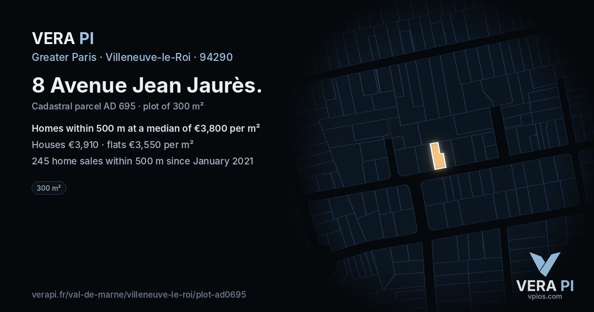 8 Avenue Jean Jaurès, Villeneuve-le-Roi at night – the plot lit, the parcels around coloured by the prices near them