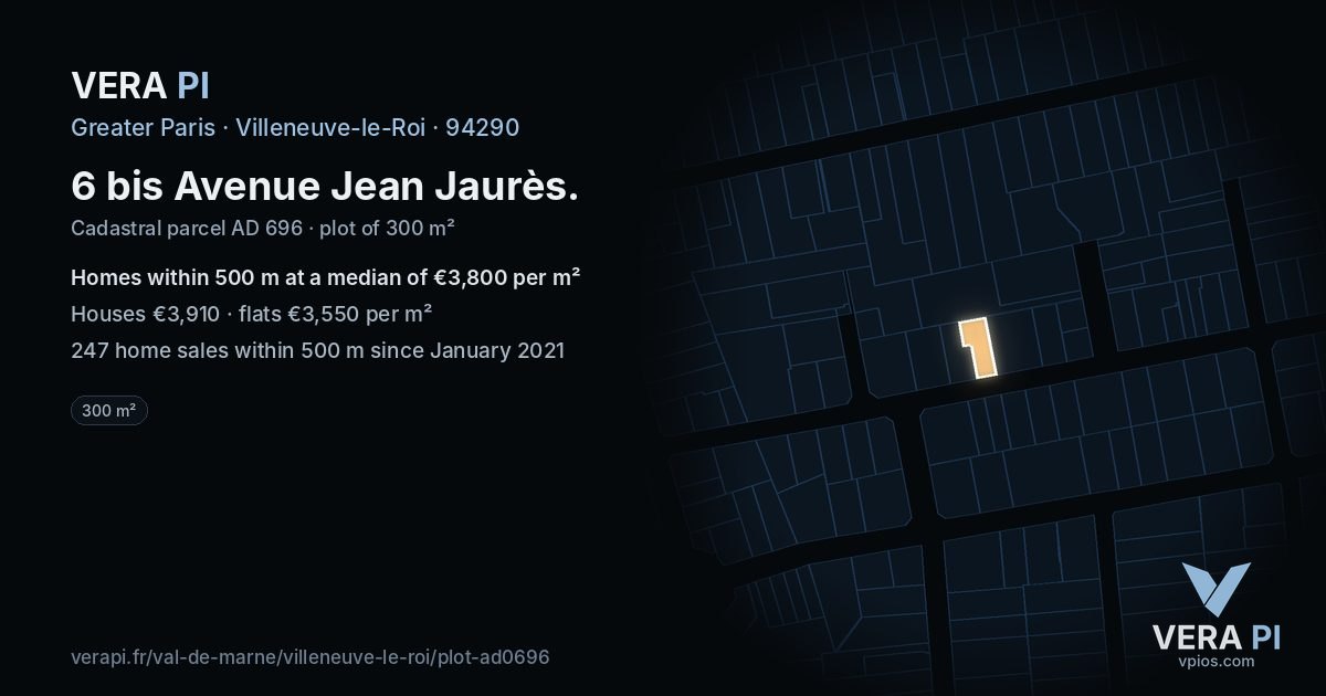 6 bis Avenue Jean Jaurès, Villeneuve-le-Roi at night – the plot lit, the parcels around coloured by the prices near them