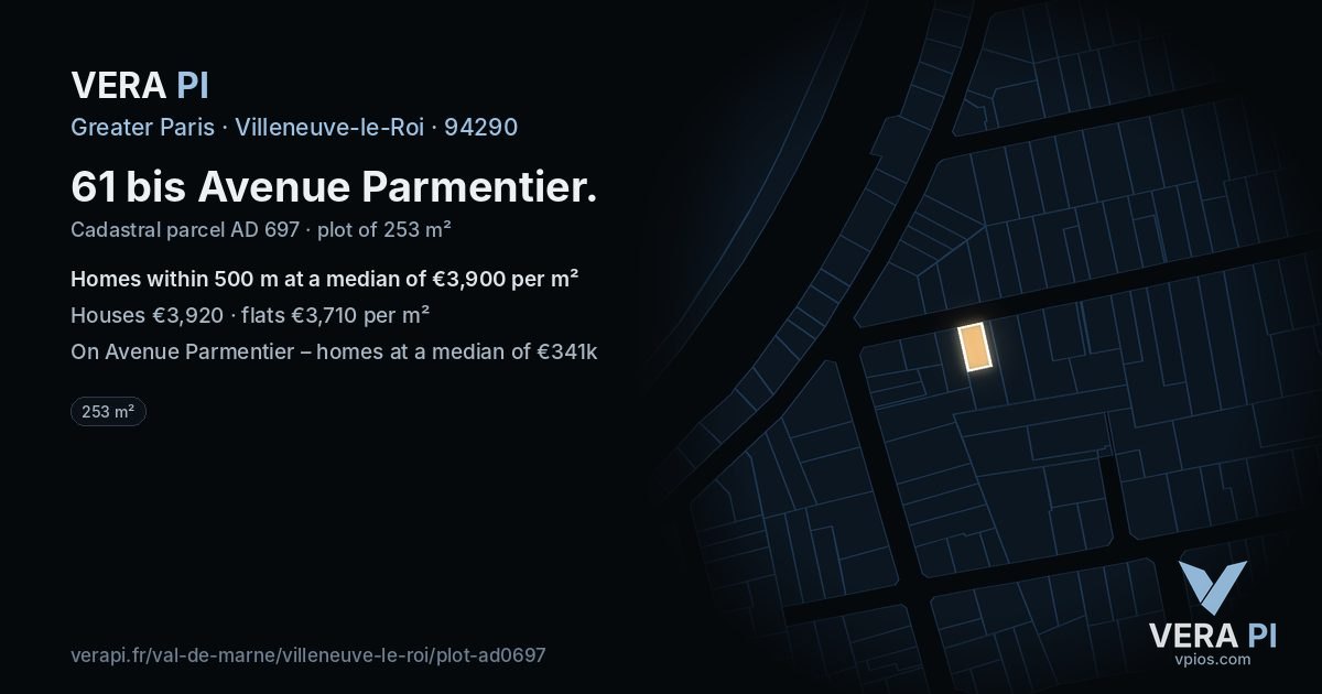 61 bis Avenue Parmentier, Villeneuve-le-Roi at night – the plot lit, the parcels around coloured by the prices near them