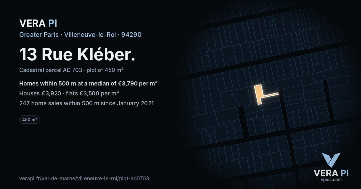 13 Rue Kléber, Villeneuve-le-Roi at night – the plot lit, the parcels around coloured by the prices near them