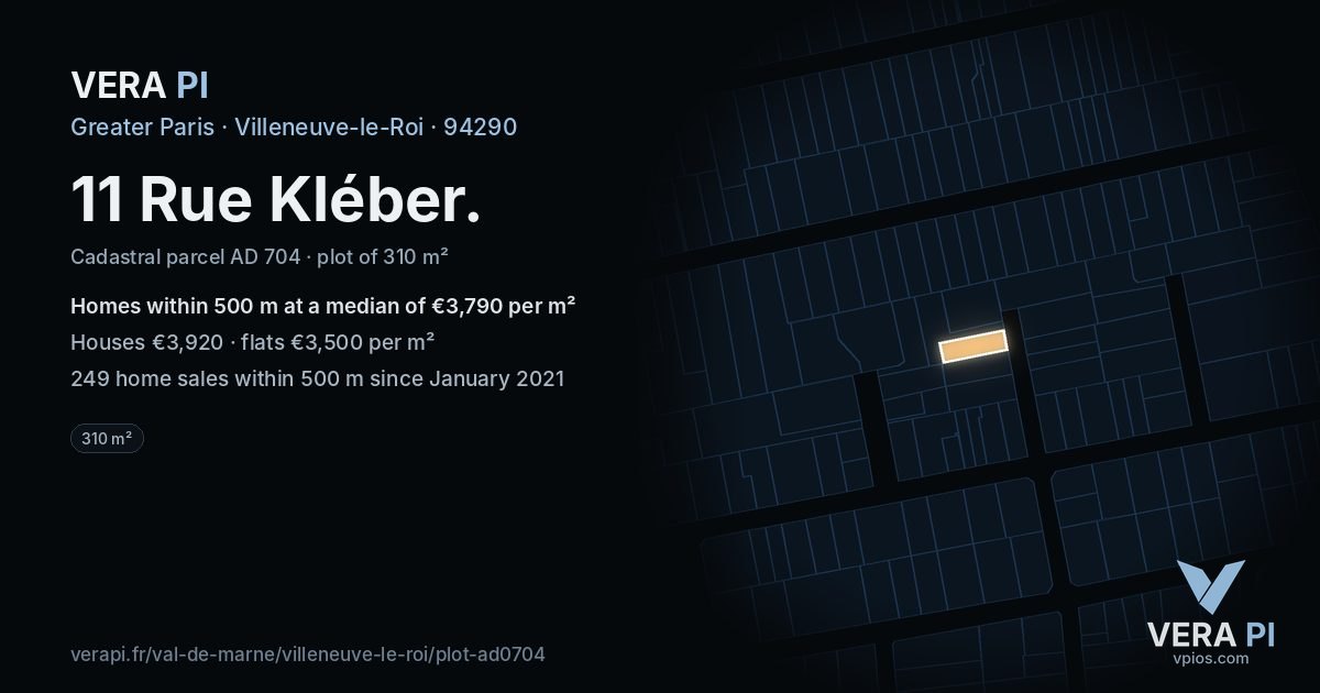 11 Rue Kléber, Villeneuve-le-Roi at night – the plot lit, the parcels around coloured by the prices near them