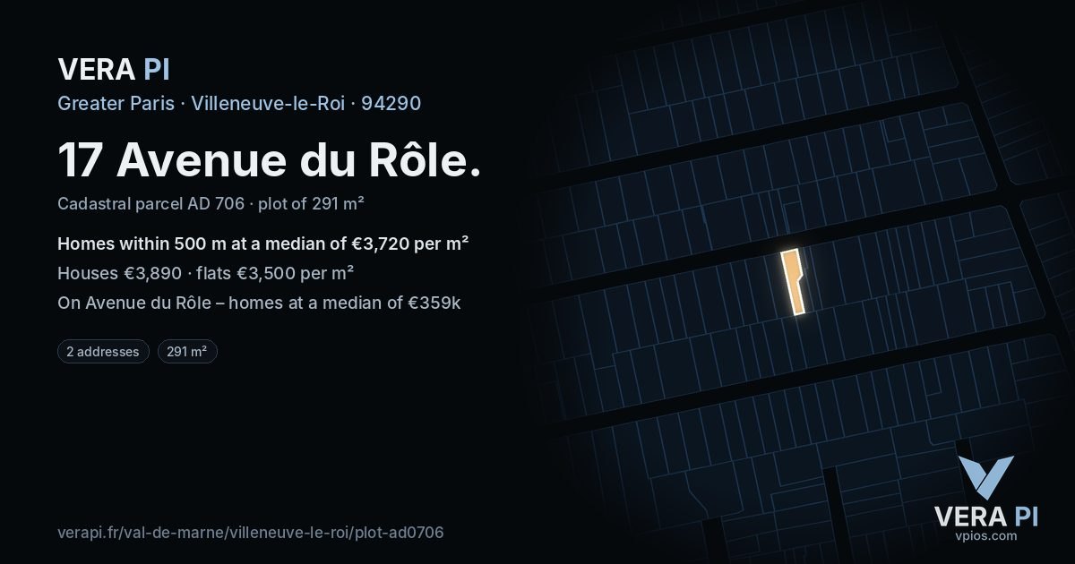 17 Avenue du Rôle, Villeneuve-le-Roi at night – the plot lit, the parcels around coloured by the prices near them