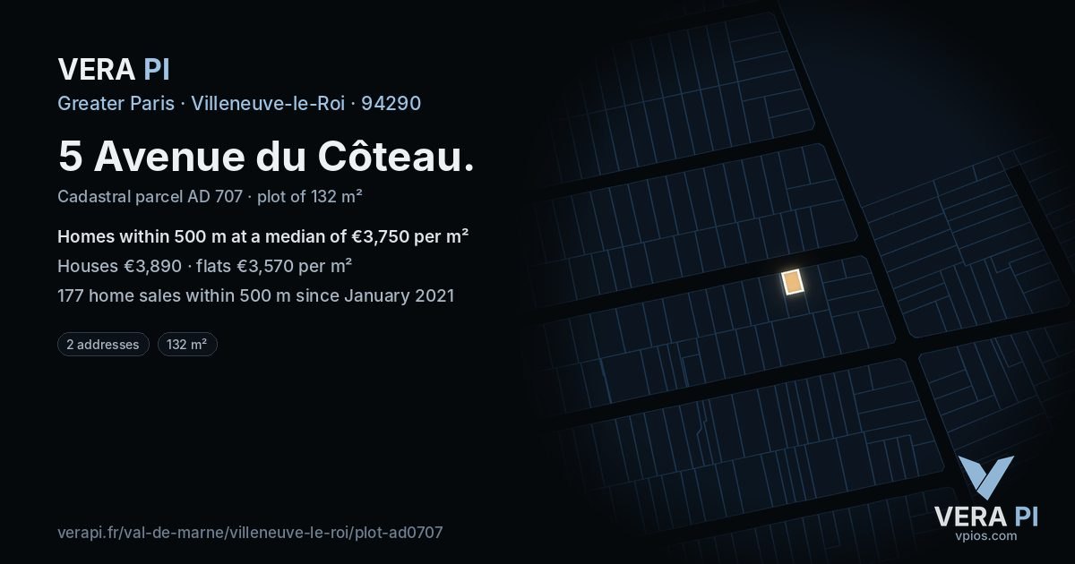 5 Avenue du Côteau, Villeneuve-le-Roi at night – the plot lit, the parcels around coloured by the prices near them