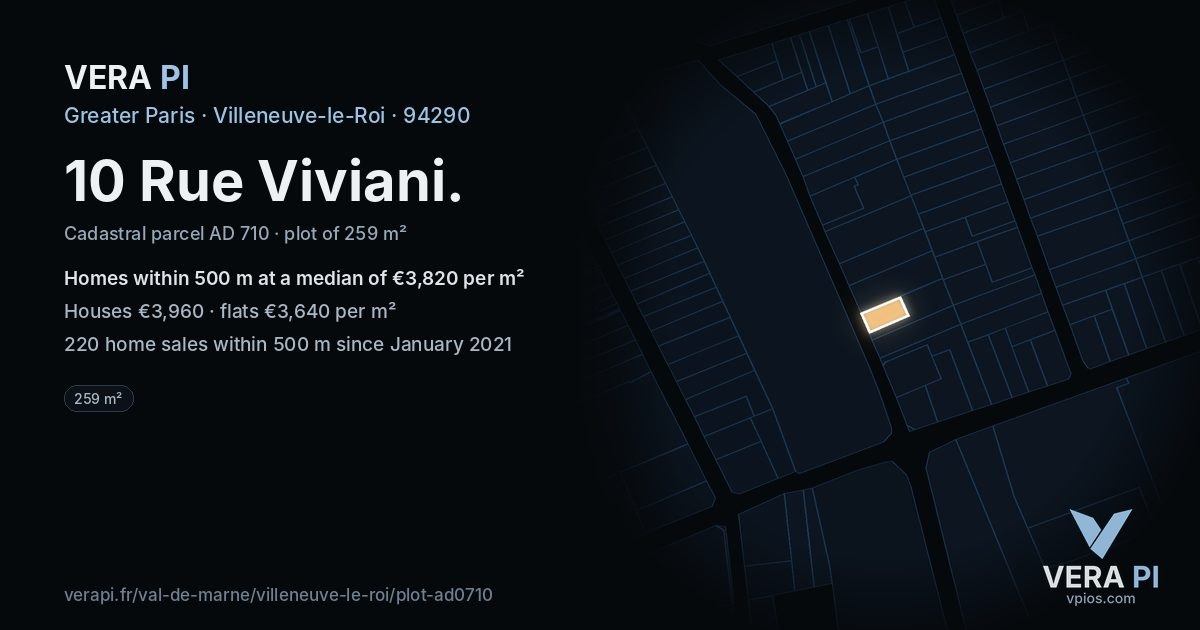 10 Rue Viviani, Villeneuve-le-Roi at night – the plot lit, the parcels around coloured by the prices near them