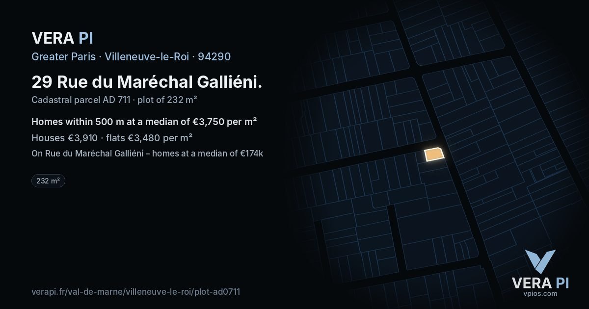 29 Rue du Maréchal Galliéni, Villeneuve-le-Roi at night – the plot lit, the parcels around coloured by the prices near them