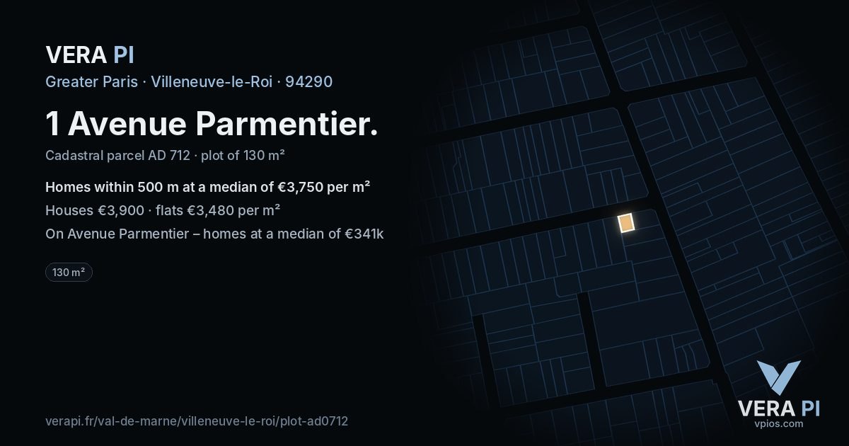 1 Avenue Parmentier, Villeneuve-le-Roi at night – the plot lit, the parcels around coloured by the prices near them