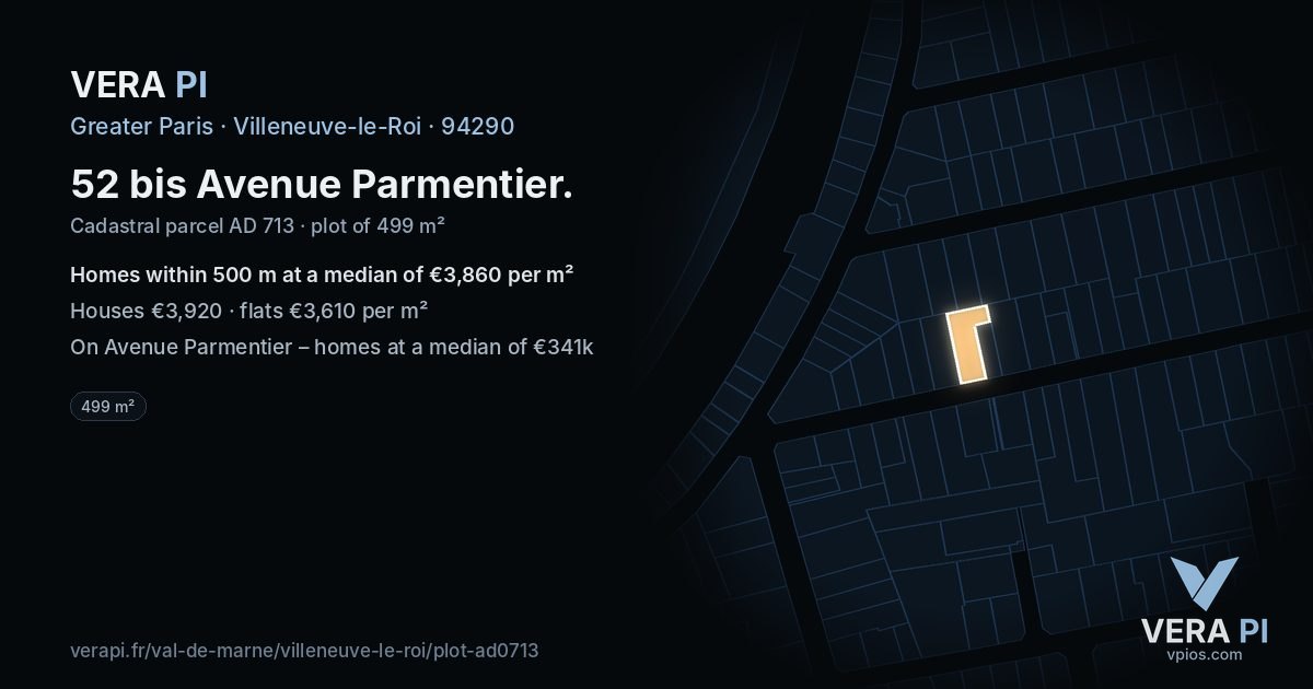 52 bis Avenue Parmentier, Villeneuve-le-Roi at night – the plot lit, the parcels around coloured by the prices near them