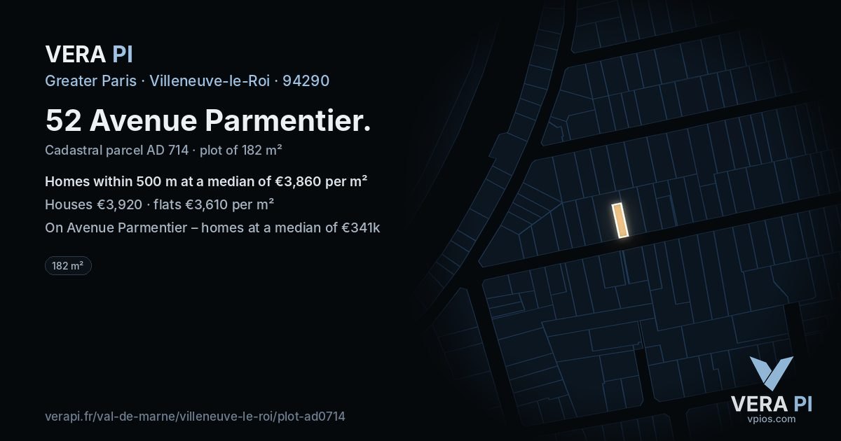 52 Avenue Parmentier, Villeneuve-le-Roi at night – the plot lit, the parcels around coloured by the prices near them