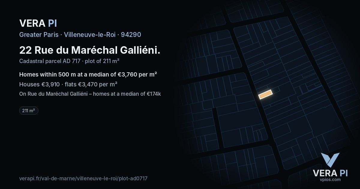 22 Rue du Maréchal Galliéni, Villeneuve-le-Roi at night – the plot lit, the parcels around coloured by the prices near them