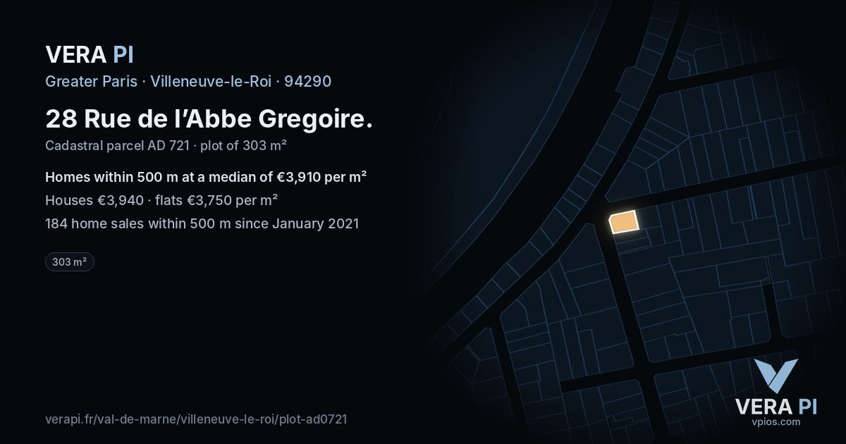 28 Rue de l’Abbe Gregoire, Villeneuve-le-Roi at night – the plot lit, the parcels around coloured by the prices near them