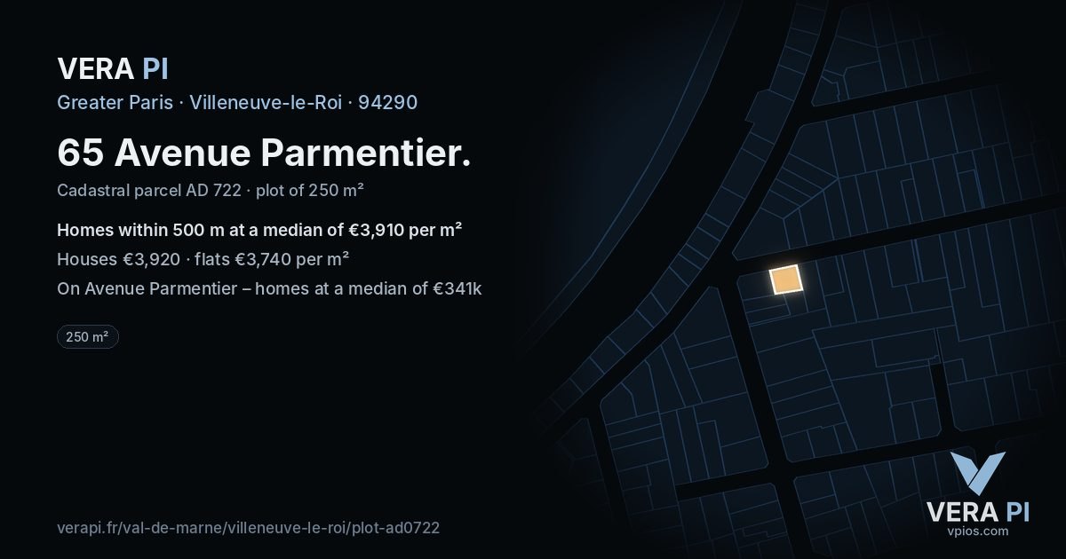 65 Avenue Parmentier, Villeneuve-le-Roi at night – the plot lit, the parcels around coloured by the prices near them