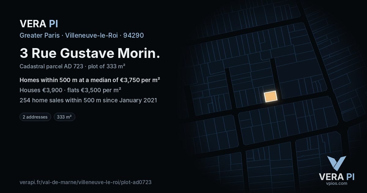 3 Rue Gustave Morin, Villeneuve-le-Roi at night – the plot lit, the parcels around coloured by the prices near them