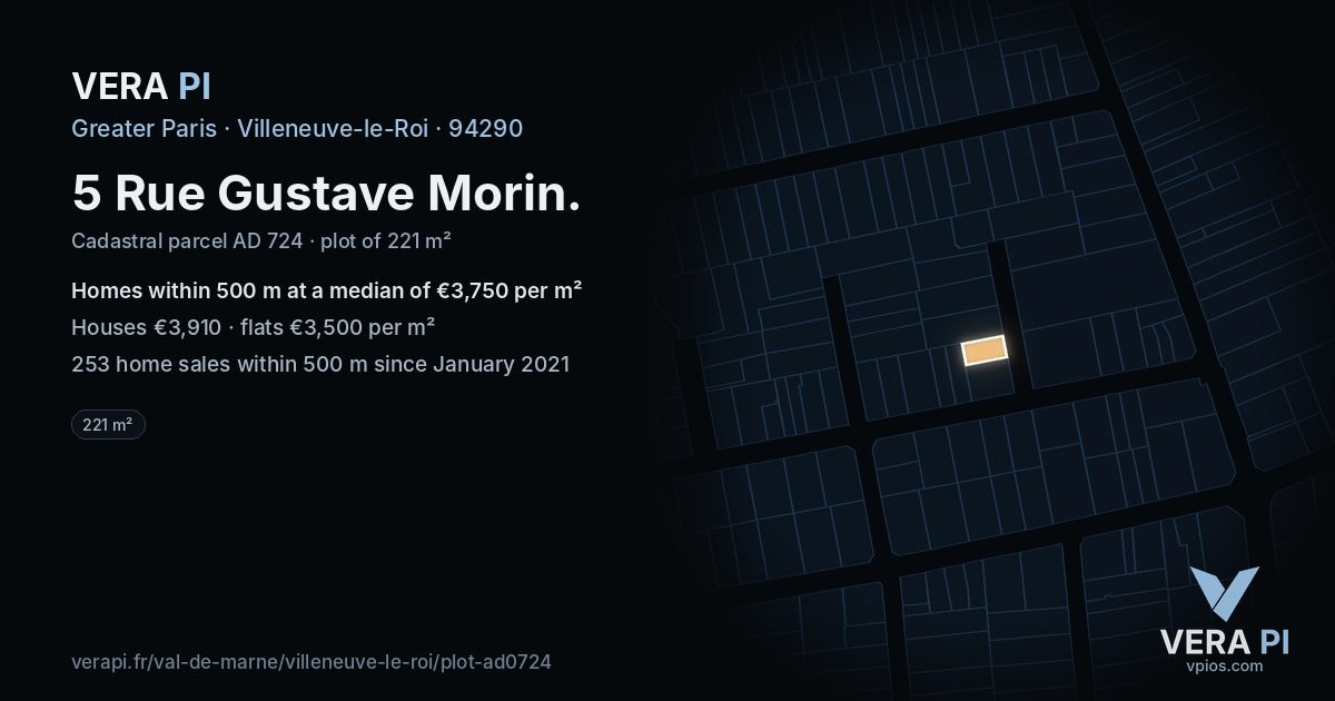 5 Rue Gustave Morin, Villeneuve-le-Roi at night – the plot lit, the parcels around coloured by the prices near them