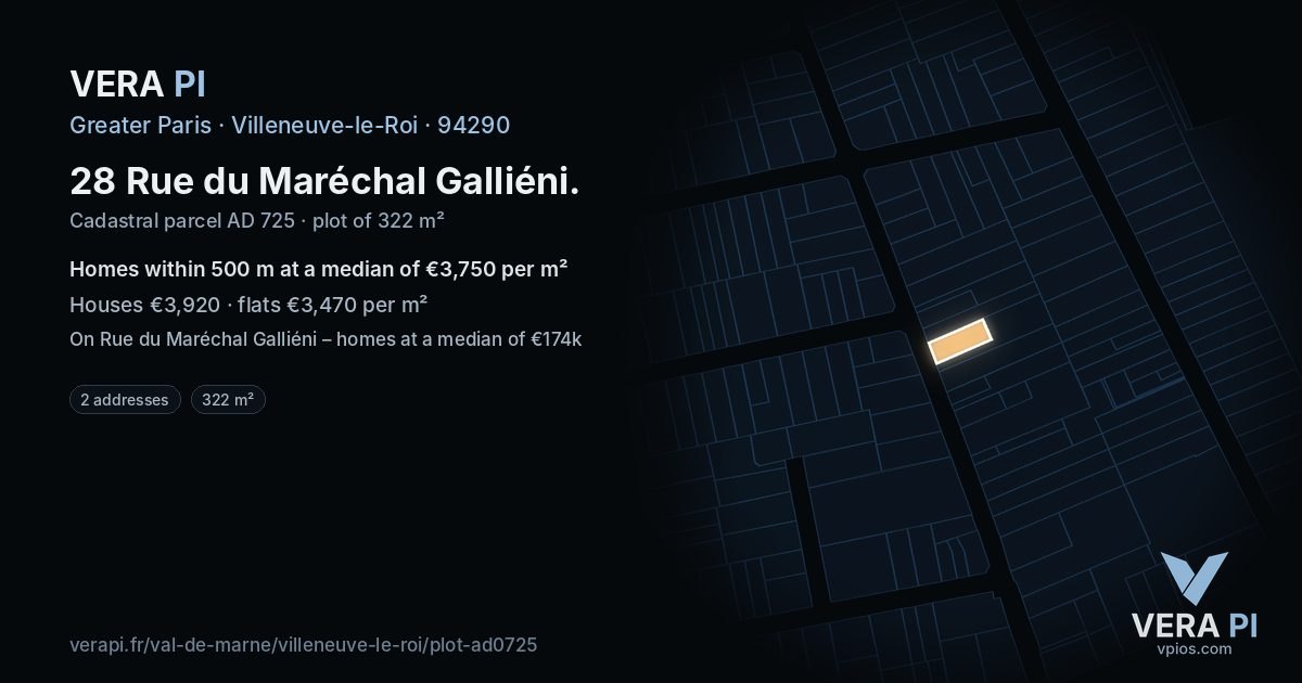 28 Rue du Maréchal Galliéni, Villeneuve-le-Roi at night – the plot lit, the parcels around coloured by the prices near them