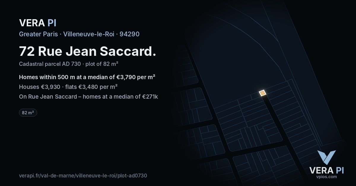 72 Rue Jean Saccard, Villeneuve-le-Roi at night – the plot lit, the parcels around coloured by the prices near them