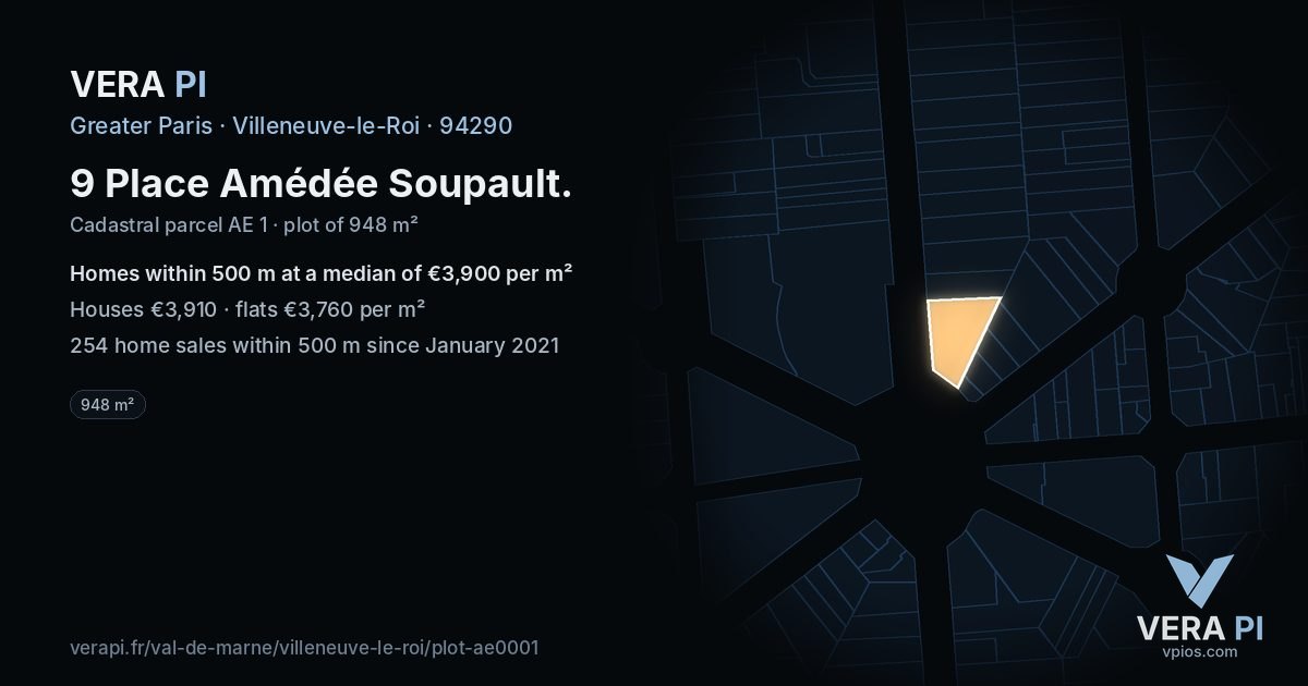 9 Place Amédée Soupault, Villeneuve-le-Roi at night – the plot lit, the parcels around coloured by the prices near them