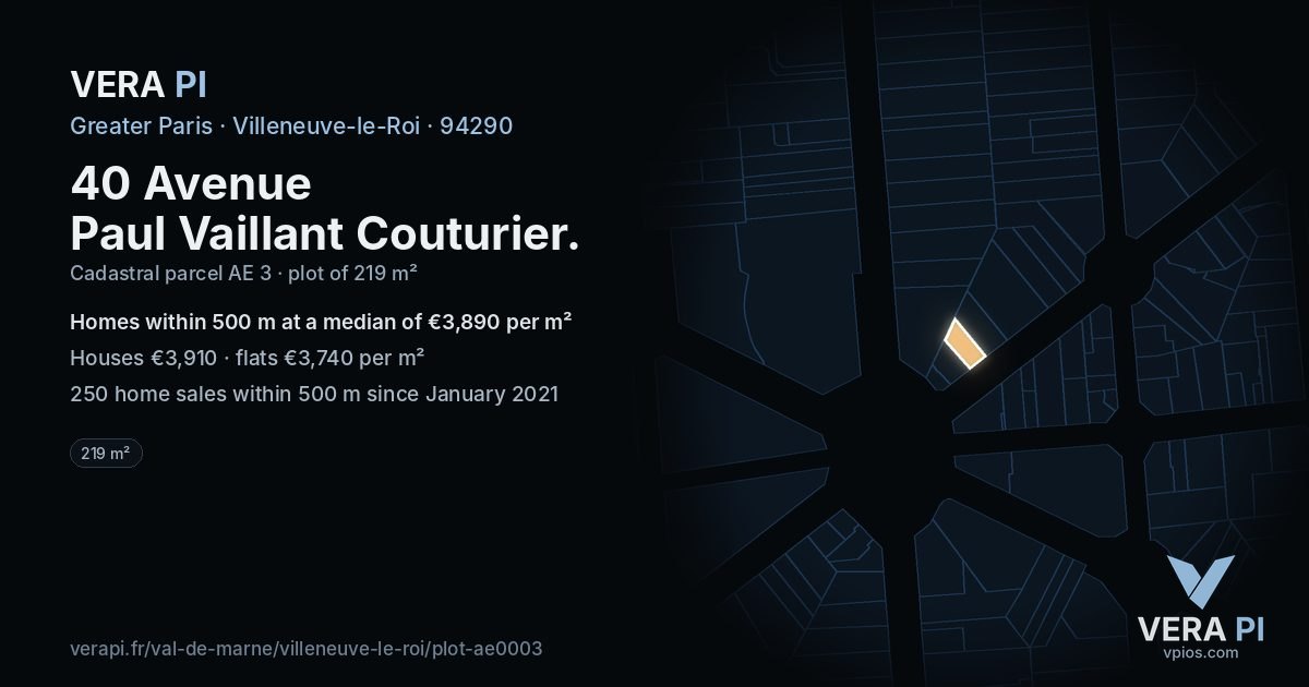 40 Avenue Paul Vaillant Couturier, Villeneuve-le-Roi at night – the plot lit, the parcels around coloured by the prices near them
