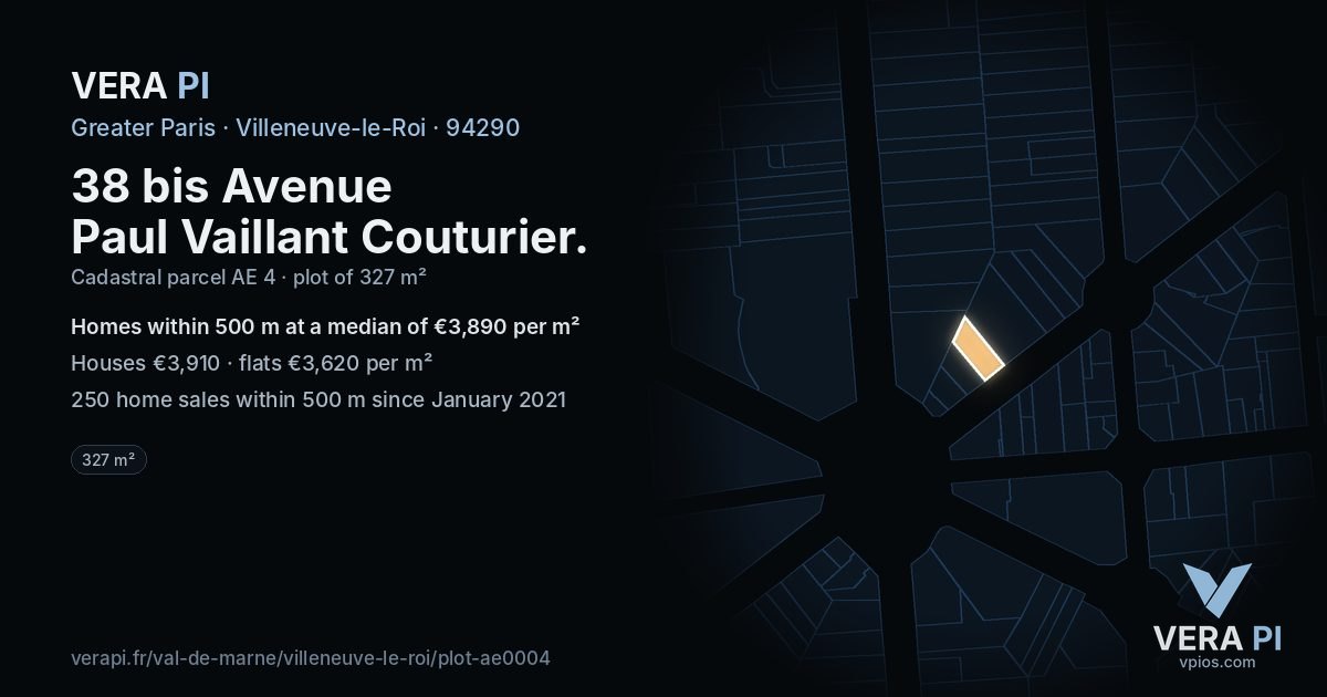 38 bis Avenue Paul Vaillant Couturier, Villeneuve-le-Roi at night – the plot lit, the parcels around coloured by the prices near them