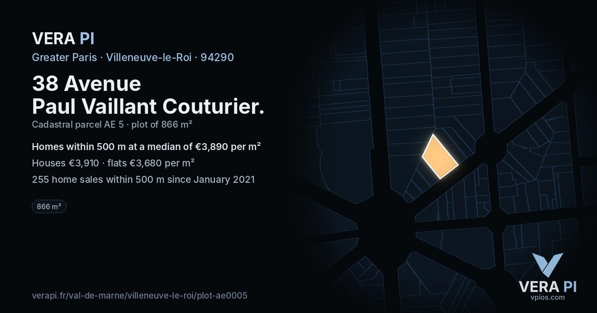 38 Avenue Paul Vaillant Couturier, Villeneuve-le-Roi at night – the plot lit, the parcels around coloured by the prices near them