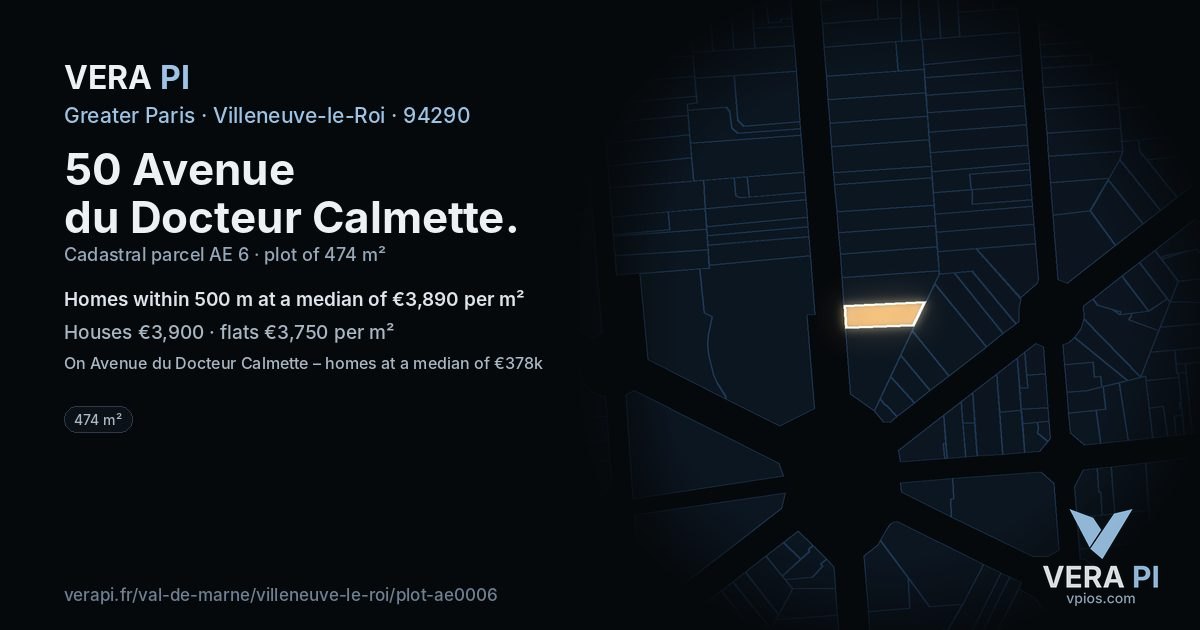 50 Avenue du Docteur Calmette, Villeneuve-le-Roi at night – the plot lit, the parcels around coloured by the prices near them
