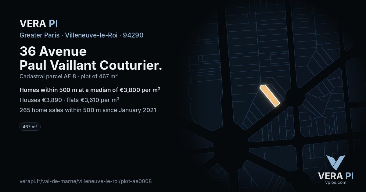 36 Avenue Paul Vaillant Couturier, Villeneuve-le-Roi at night – the plot lit, the parcels around coloured by the prices near them