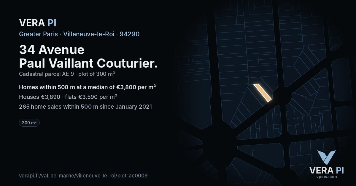 34 Avenue Paul Vaillant Couturier, Villeneuve-le-Roi at night – the plot lit, the parcels around coloured by the prices near them