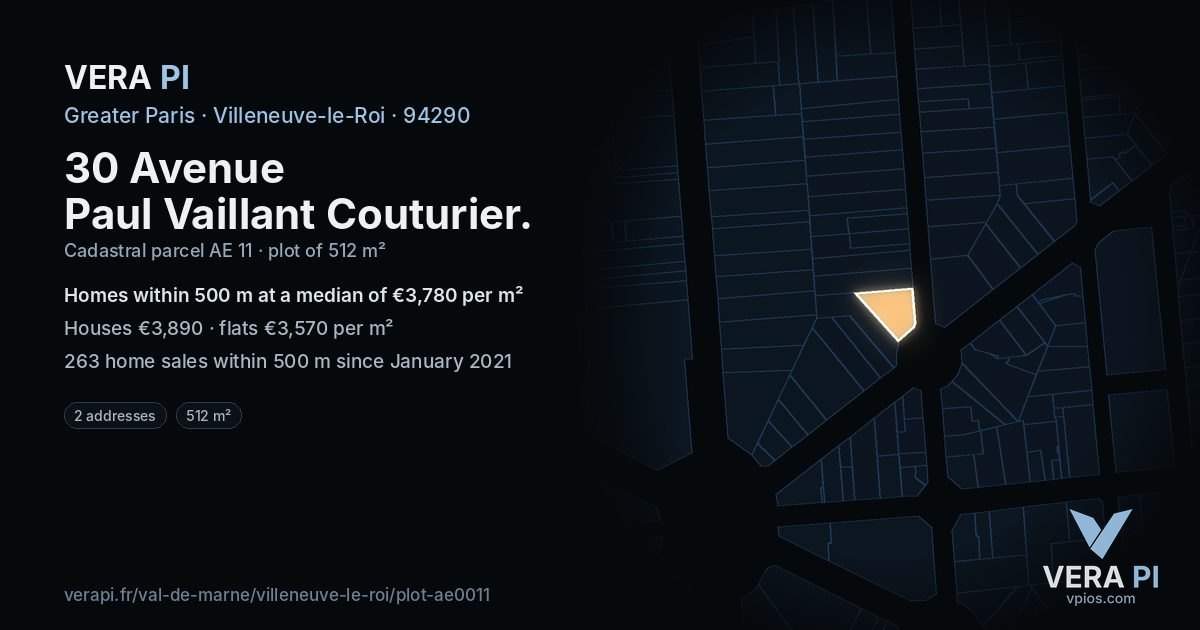 30 Avenue Paul Vaillant Couturier, Villeneuve-le-Roi at night – the plot lit, the parcels around coloured by the prices near them