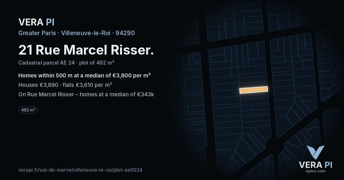 21 Rue Marcel Risser, Villeneuve-le-Roi at night – the plot lit, the parcels around coloured by the prices near them