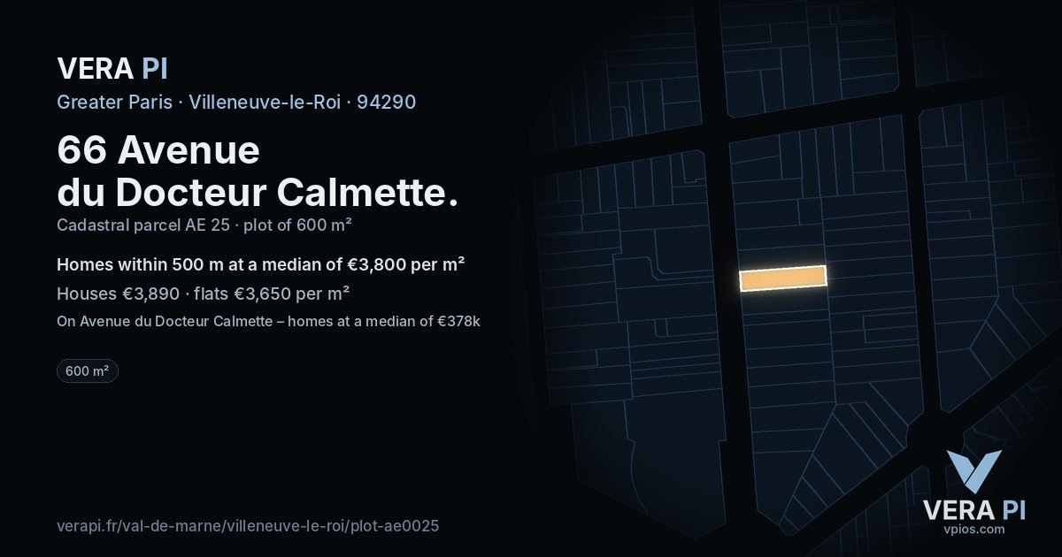 66 Avenue du Docteur Calmette, Villeneuve-le-Roi at night – the plot lit, the parcels around coloured by the prices near them