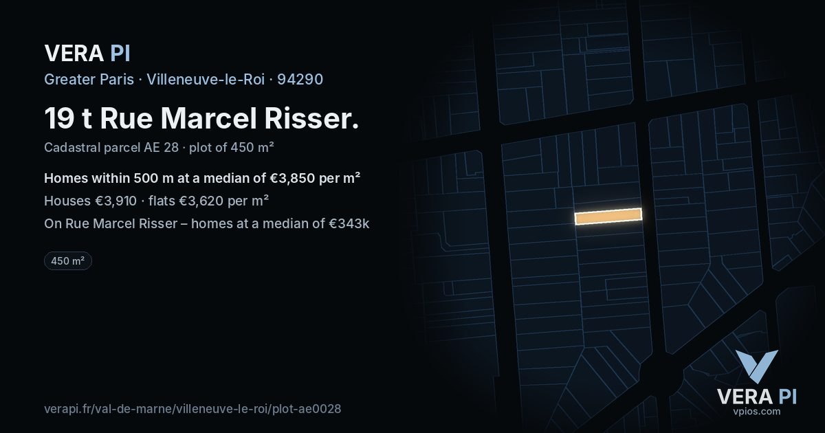 19 t Rue Marcel Risser, Villeneuve-le-Roi at night – the plot lit, the parcels around coloured by the prices near them