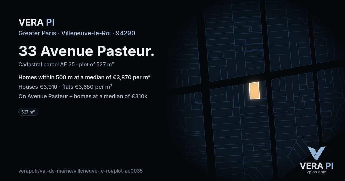 33 Avenue Pasteur, Villeneuve-le-Roi at night – the plot lit, the parcels around coloured by the prices near them