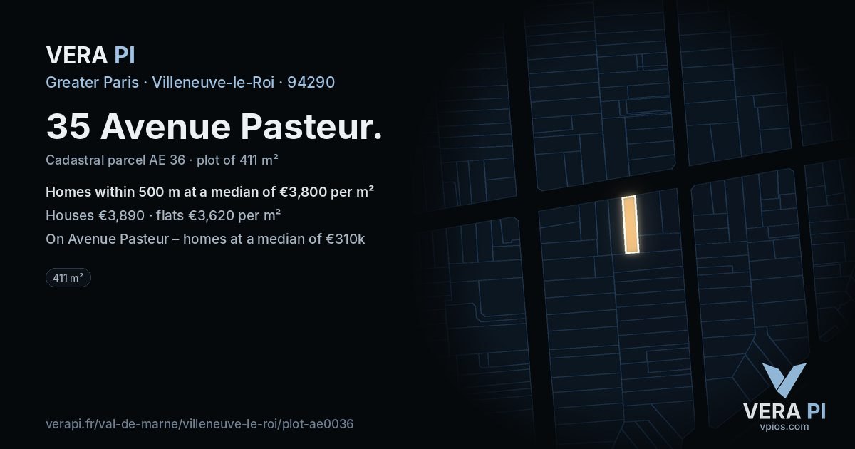 35 Avenue Pasteur, Villeneuve-le-Roi at night – the plot lit, the parcels around coloured by the prices near them
