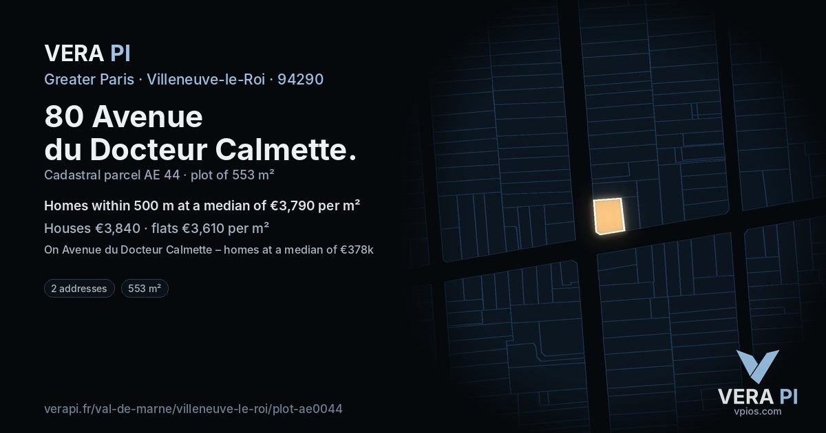 80 Avenue du Docteur Calmette, Villeneuve-le-Roi at night – the plot lit, the parcels around coloured by the prices near them