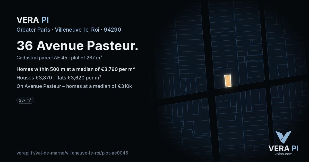 36 Avenue Pasteur, Villeneuve-le-Roi at night – the plot lit, the parcels around coloured by the prices near them
