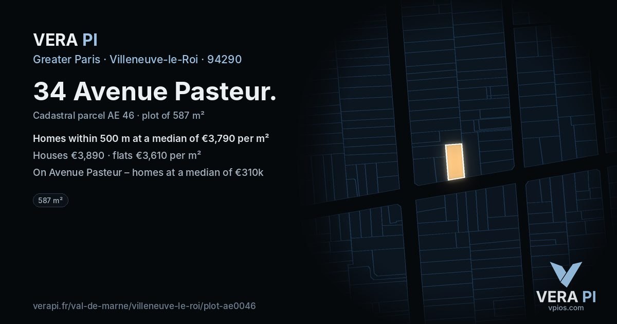 34 Avenue Pasteur, Villeneuve-le-Roi at night – the plot lit, the parcels around coloured by the prices near them