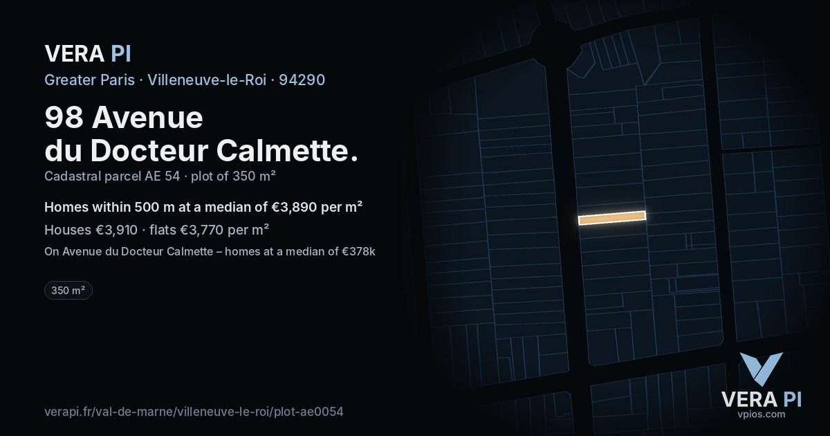 98 Avenue du Docteur Calmette, Villeneuve-le-Roi at night – the plot lit, the parcels around coloured by the prices near them